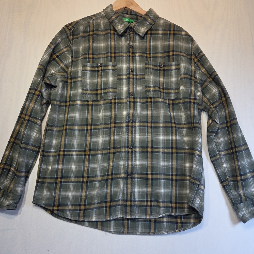 DIP Mens Large Plaid Flannel Shirt Organic Cotton Stretch Olive Button Front